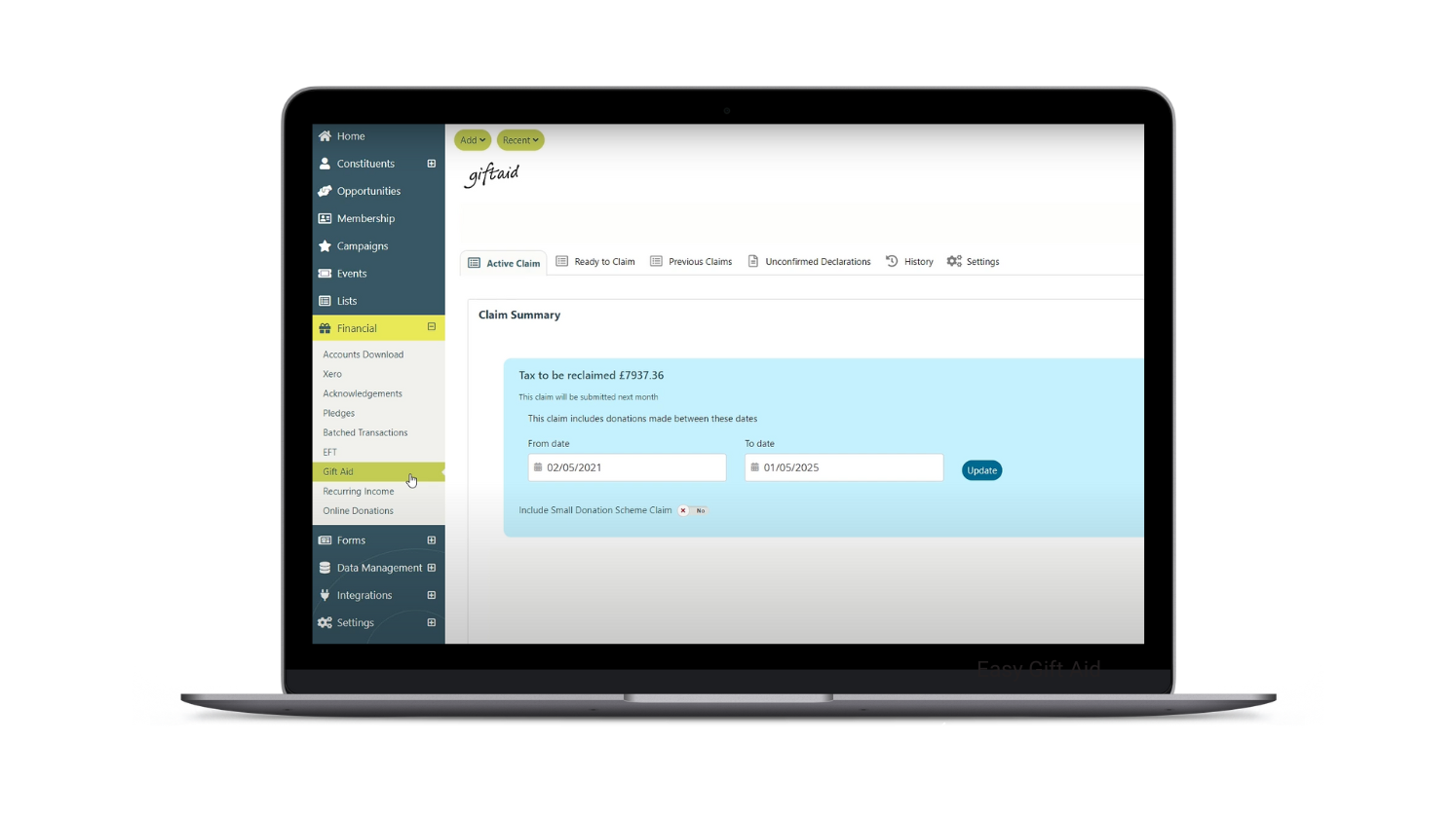 Income Processing and Gift Aid Image for Donorfy Charity CRM